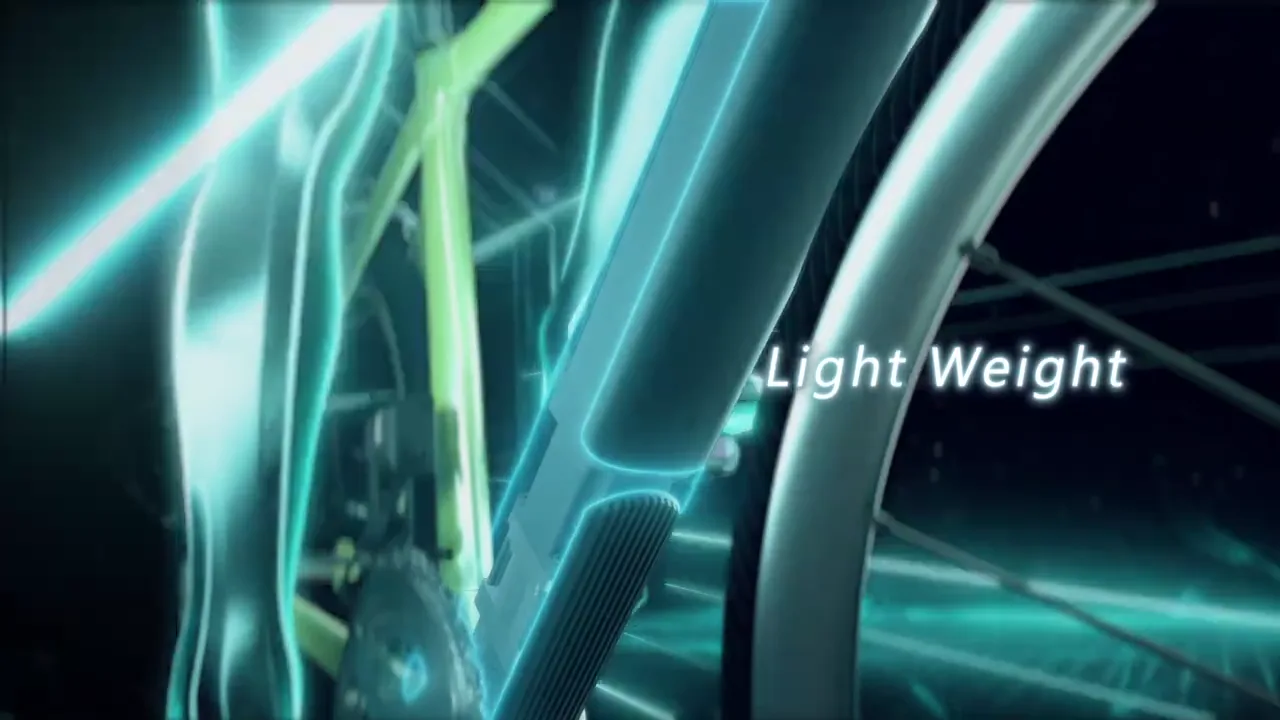 發光線條勾勒自行車前叉,旁邊顯示 Light Weight 字樣